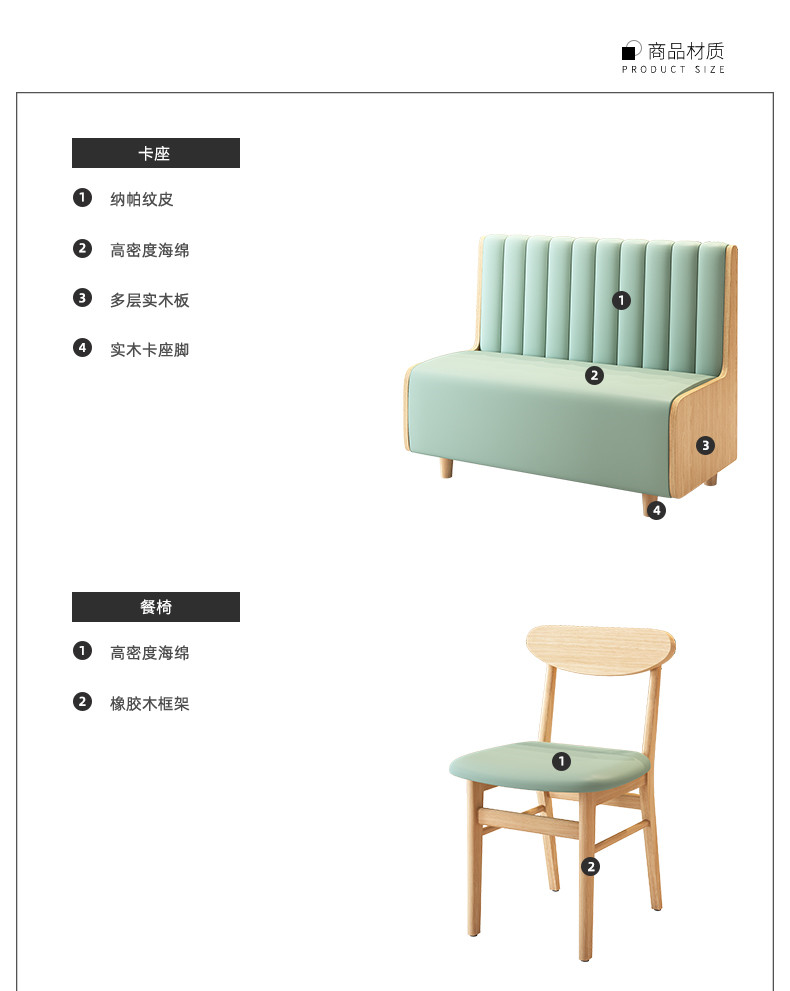 商品材质：卡座，1.纳帕纹皮，2.高密度海绵，3.多层实木板，4.实木卡座脚。餐椅：1.高密度海绵，2.橡胶木框架